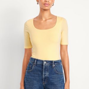 Double-Layer Elbow-Sleeve Scoop-Neck T-Shirt